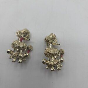 Vintage Poodle Dog Brooches Lot of Two Gold Tone and Red Enamel Pin